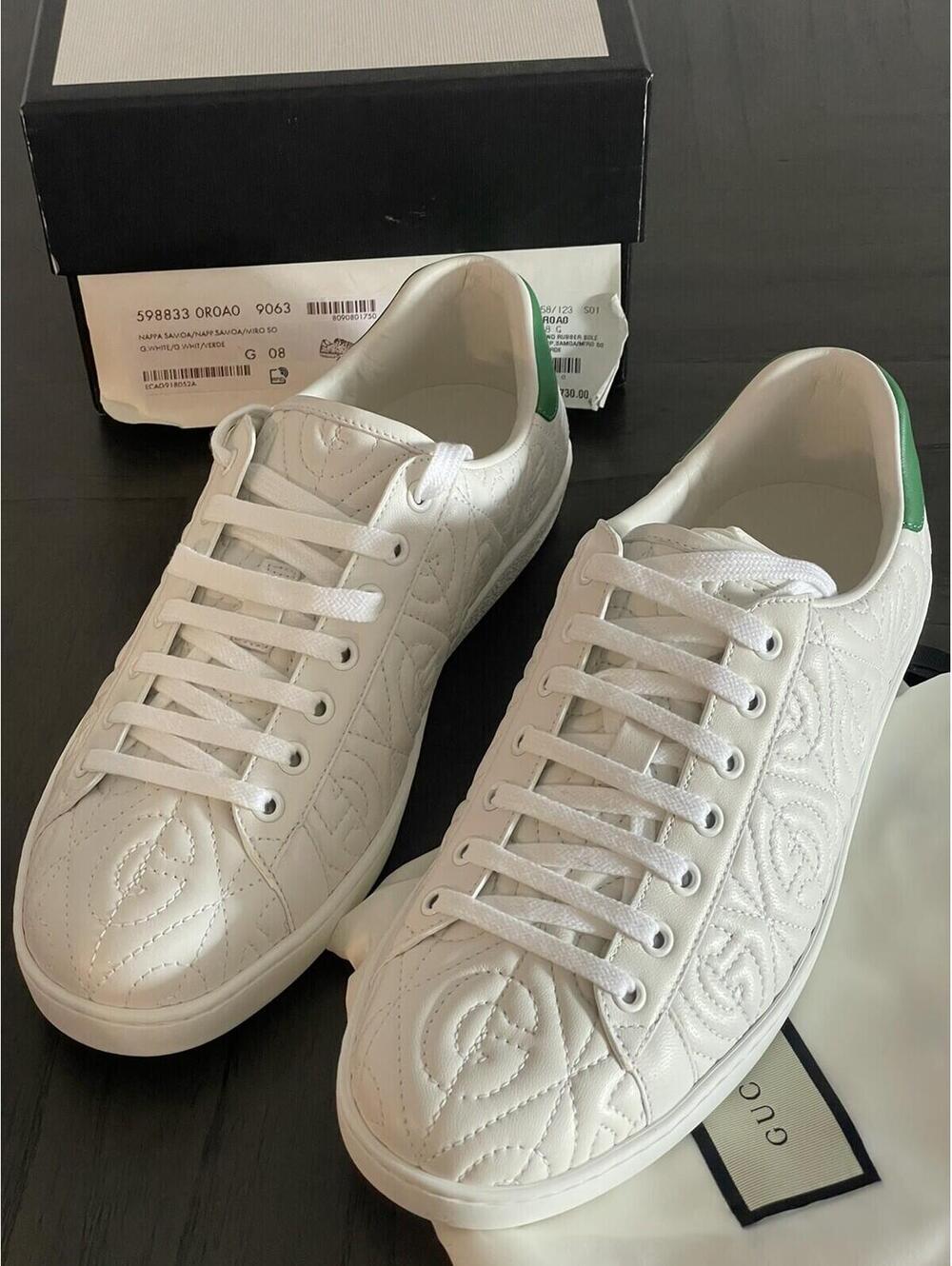 Gucci White Green Quilted Leather Lace Up Low Top Sneakers Mens Sz G8 US Sz 8.5 - Picture 8 of 9
